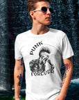punk-forever-punker-singing-white-t-shirt--mockup-of-a-cool-man-walking-by-a-fountain