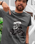 punk-to-the-bone-asphalt-t-shirt--mockup-of-a-happy-customer-with-a-cap-at-the-end-of-a-staircase