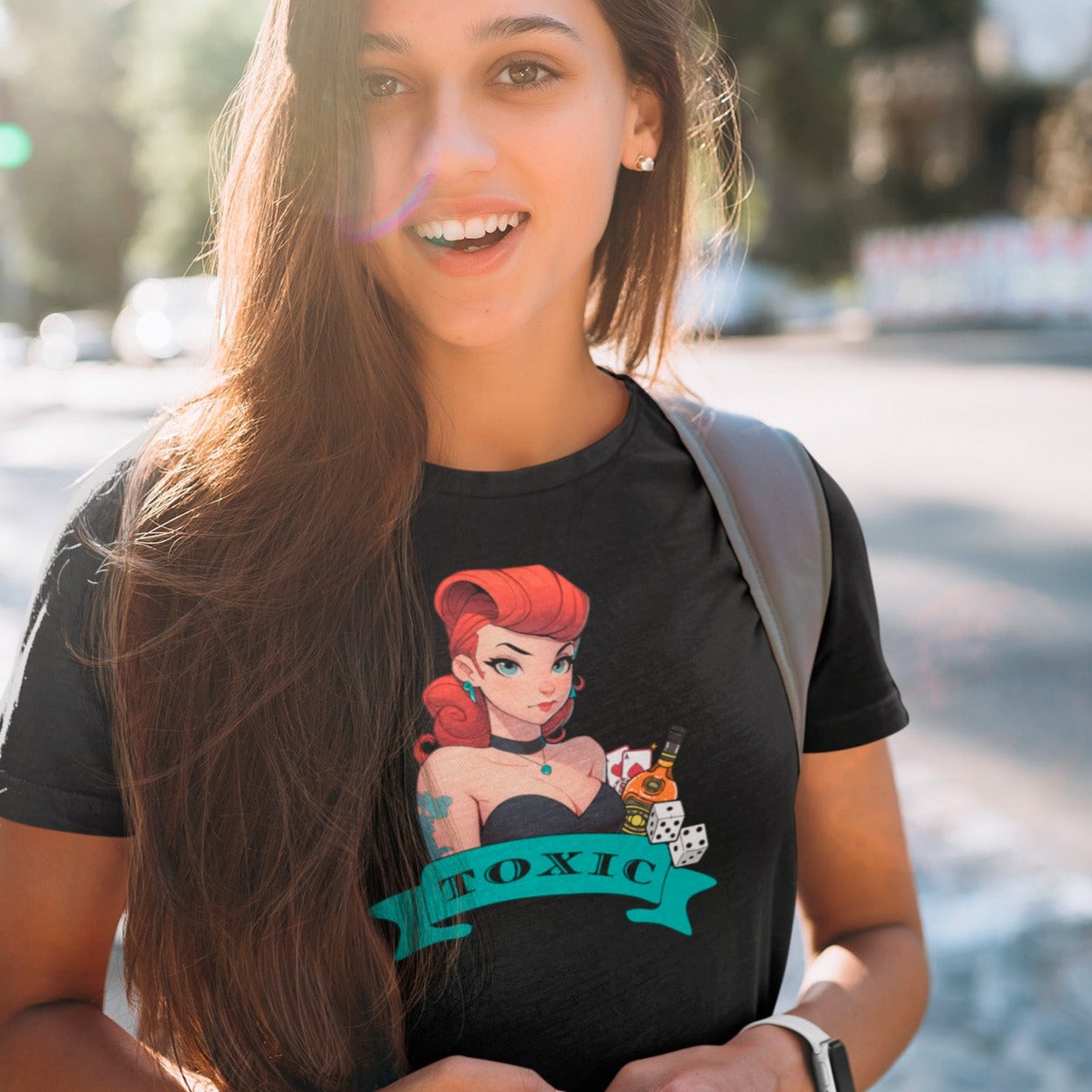 toxic-redhead-dice-liquor-playing-cards-black-t-shirt-mockup-featuring-a-college-student-on-a-sunny-day