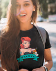 toxic-redhead-dice-liquor-playing-cards-black-t-shirt-mockup-featuring-a-college-student-on-a-sunny-day