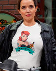 toxic-redhead-dice-liquor-playing-cards-white-t-shirt-mockup-of-a-fierce-woman-posing-with-her-motorcycle