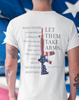 rear view of a man standing in front of an American flag wearing a white color fabric patriotic shirt with americantees.us logo on front and Thomas Jefferson quote on back.