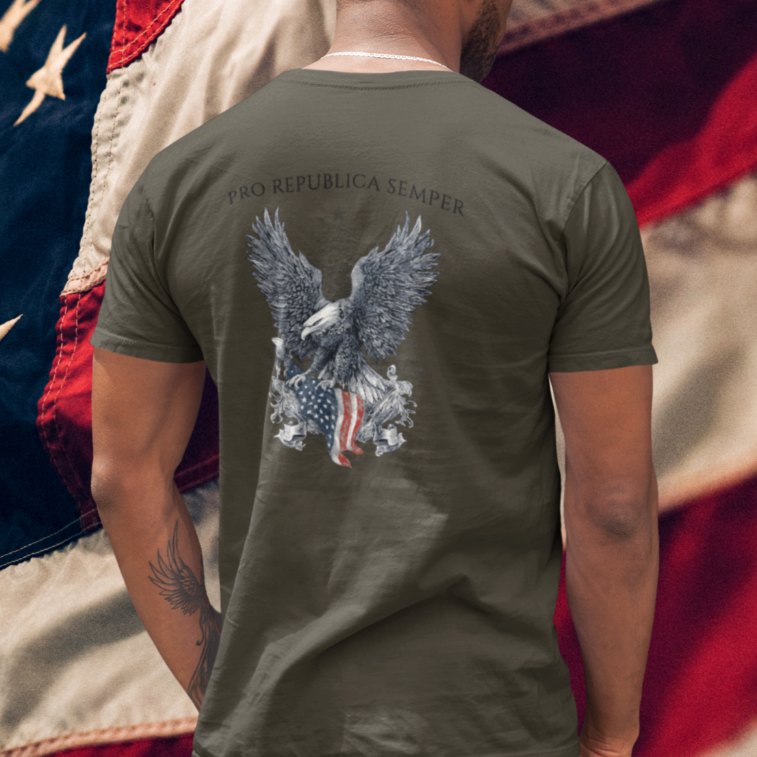 back-view-t-shirt-mockup-featuring-a-man-with-tattoos-Patriotic Shirts Pro Libertas Semper Flag Eagle Tee, army green, back side, featuring a bold eagle clutching an American flag with scrollwork on a unisex 100% cotton shirt, ideal for American pride