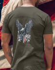 back-view-t-shirt-mockup-featuring-a-man-with-tattoos-Patriotic Shirts Pro Libertas Semper Flag Eagle Tee, army green, back side, featuring a bold eagle clutching an American flag with scrollwork on a unisex 100% cotton shirt, ideal for American pride