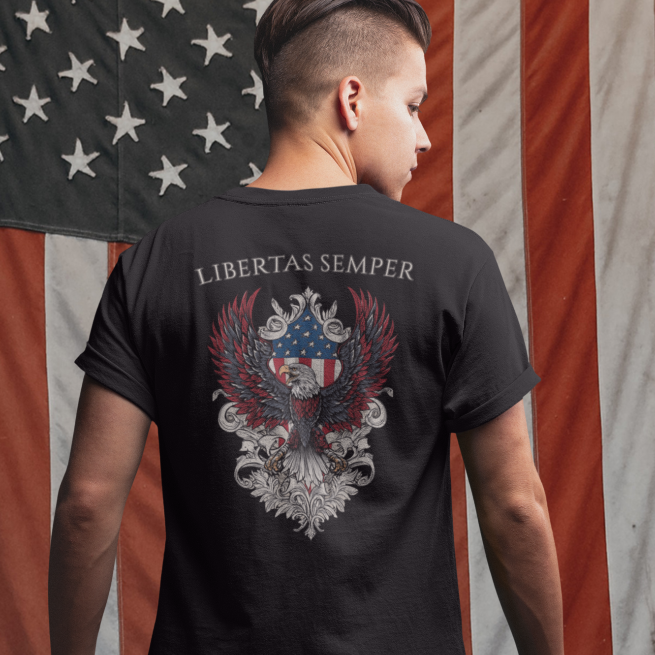 transparent-back-view-t-shirt-mockup-of-a-man-with-a-trendy-hairstyle-Patriotic Shirts Libertas Semper Eagle Flag Tee, black back view featuring an eagle and American flag with scrollwork on a unisex 100% cotton shirt, ideal for American pride