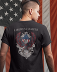 transparent-back-view-t-shirt-mockup-of-a-man-with-a-trendy-hairstyle-Patriotic Shirts Libertas Semper Eagle Flag Tee, black back view featuring an eagle and American flag with scrollwork on a unisex 100% cotton shirt, ideal for American pride