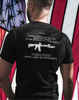 back-view-tshirt-mockup-of-a-man-facing-a-house-and-a-tree-Second Amendment Patriotic Shirt with Rifle and Text Design, bill of rights, black colored shirt, rear view