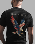 transparent-back-view-tshirt-mockup-of-a-man-facing-a-house-and-a-tree-Semper Fortis Patriotic Shirt with Eagle Flag Design, American, black color shirt, back view