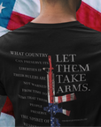 rear view of a man standing in front of an American flag wearing a black color fabric patriotic shirt with americantees.us logo on front and Thomas Jefferson quote on back.