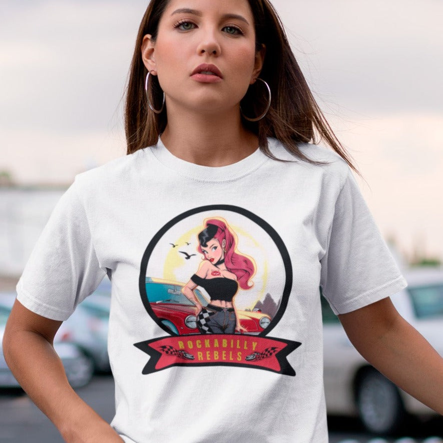Rockabilly-rebels-unisex-tee-mockup-of-a-woman-in-a-mall-parking-lot