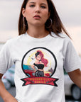 Rockabilly-rebels-unisex-tee-mockup-of-a-woman-in-a-mall-parking-lot