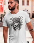 warlord-design-skull-with-feathered-headress-black-t-shirt-mockup-of-a-bearded-man-walking-on-a-concrete-ramp
