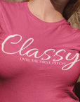 classy-until-the-first-pitch-berry-t-shirt-baseball-womens-mockup-of-a-girl-posing-outside-a-stone-church