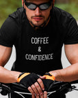 coffee-and-confidence-black-t-shirt-unisex-mockup-featuring-a-male-cyclist