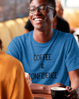 coffee-and-confidence-heather-true-royal-blue-t-shirt-unisex-mockup-of-a-young-man-with-a-heathered-tee-chatting-with-a-friend