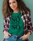 first-of-all-no-second-of-all-no-heather-kelly-green-t-shirt-sarcastic-women-mockup-of-a-curly-haired-woman-wearing-a-t-shirt-under-a-flannel-