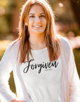 forgiven-luke-5-20-white-t-shirt-unisex-inspiring-christian-mockup-of-a-woman-with-a-basic-tee-posing-in-a-park