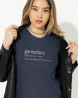 genetics-what-you-blame-all-of-your-flaws-on-navy-t-shirt-mockup-of-a-woman-posing-with-a-serious-look-and-a-leather-jacket