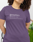 genetics-what-you-blame-all-of-your-flaws-on-team-purple-t-shirt-mockup-of-a-curly-haired-woman-wearing-a-bella-canvas-crewneck-tee