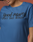 good-moms-say-bad-words-black-t-shirt-womens-tee-mockup-featuring-a-woman-posing-with-sunglasses-against-a-colored-background