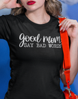 good-moms-say-bad-words-black-t-shirt-womens-tee-mockup-of-a-fed-up-woman-in-a-studio-with-clouds