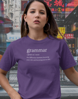 grammar-the-difference-between-knowing-your-shit-and-knowing-youre-shit-team-purple-t-shirt-unisex-tee-mockup-of-a-woman-posing-with-a-serious-look
