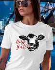 hey-yall-white-t-shirt-cow-womens-mockup-featuring-a-woman-leaning-on-a-vintage-van