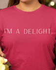 im-a-delight-white-t-shirt-womens-funny-sarcastic-bella-canvas-tee-mockup-of-a-woman-posing-with-christmas-lights