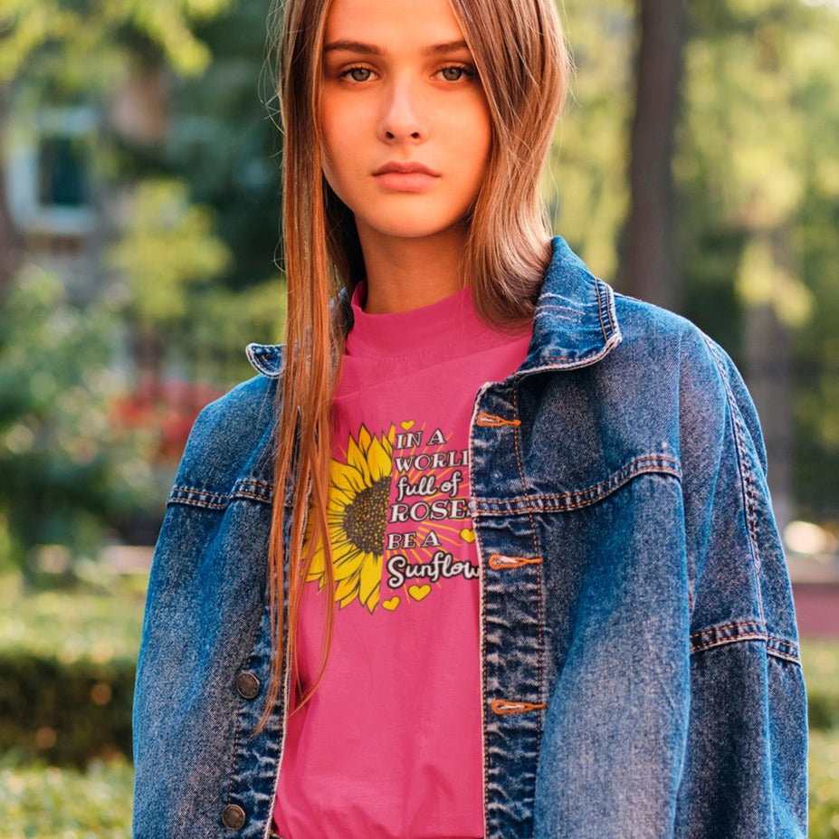 in-a-world-full-of-roses-be-a-sunflower-berry-t-shirt-womens-mockup-of-a-woman-posing-at-a-park