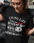 living-life-between-jesus-take-the-wheel-and-i-wish-a-heifer-would-black-t-shirt-mockup-featuring-a-short-haired-woman-at-a-city-street