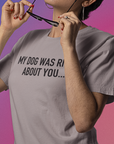 my-dog-was-right-about-you-athletic-heather-grey-t-shirt-bella-canvas-mockup-featuring-a-woman-taking-off-her-sunglasses