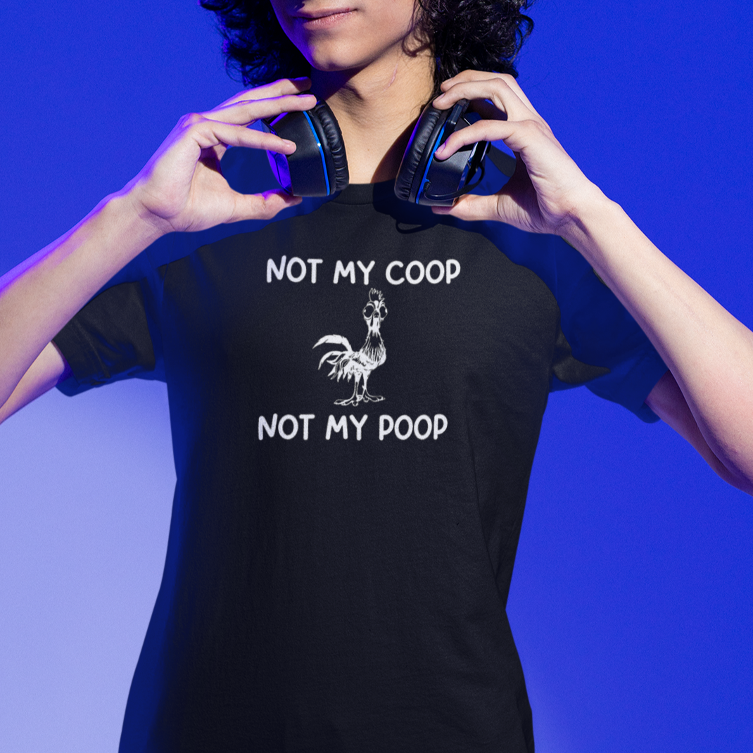 not-my-coop-not-my-poop-black-t-shirt-chicken-funny-animal-tee-mockup-of-a-gamer-man-grabbing-his-headphones-at-a-studio