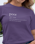 poor-when-you-have-too-much-month-at-the-end-of-your-money-team-purple-t-shirt-tee-mockup-of-a-girl-with-a-coy-smile-by-a-balcony