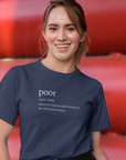 poor-when-you-have-too-much-month-at-the-end-of-your-money-team-purple-t-shirt-tee-mockup-of-a-smiling-woman-standing-in-front-of-a-red-structure