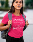 sarcasm-because-assault-charges-are-expensive-berry-t-shirt-women-funny-sarcastic-mockup-featuring-a-young-female-student