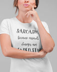sarcasm-because-assault-charges-are-expensive-white-t-shirt-women-funny-sarcastic-round-neck-tee-mockup-of-a-pensive-woman-at-a-studio