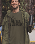 tail-chaser-army-green-t-shirt-mockup-of-a-man-camping-in-the-woods