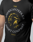 the-americantees-us-t-shirt-company-2023-army-green-tee-mockup-of-a-man-looking-through-a-glass-vase-with-water