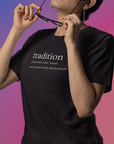 tradition-definition-peer-pressure-from-dead-people-team-purple-t-shirt-bella-canvas-tee-mockup-featuring-a-woman-taking-off-her-sunglasses
