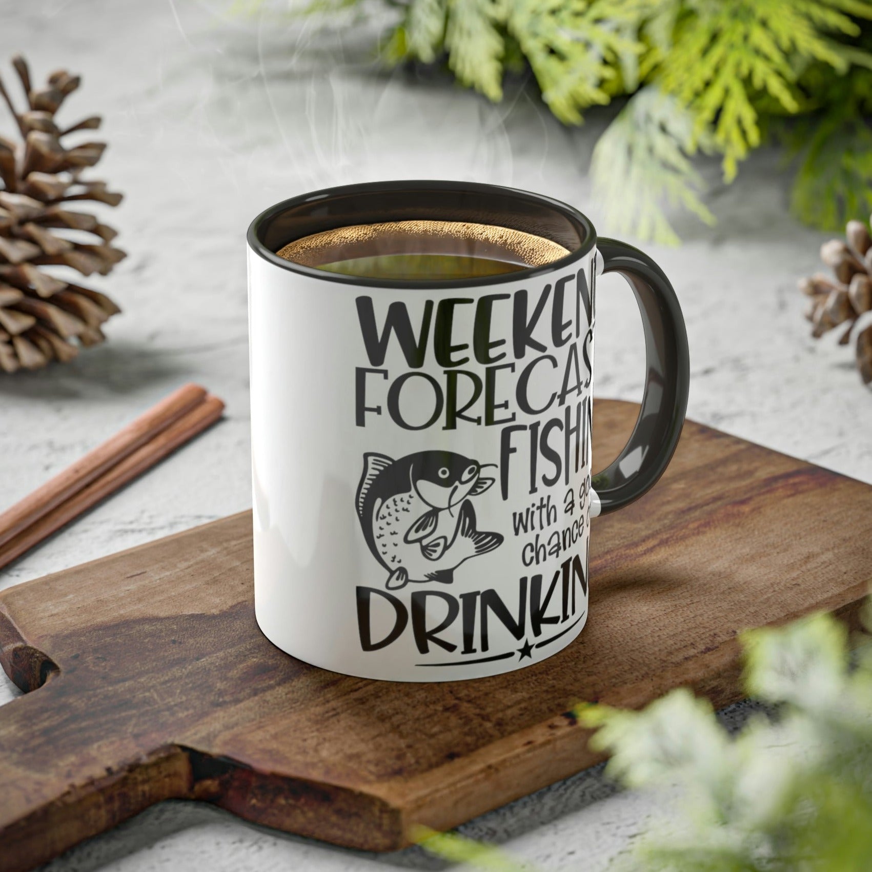 weekend-forecast-fishing-with-a-good-chance-of-drinking-glossy-mug-11-oz-orca-coating-on-a-cutting-board