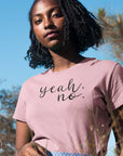 yeah-no-pink-t-shirt-womens-mockup-of-a-girl-wearing-a-t-shirt-and-a-dress-while-outdoors