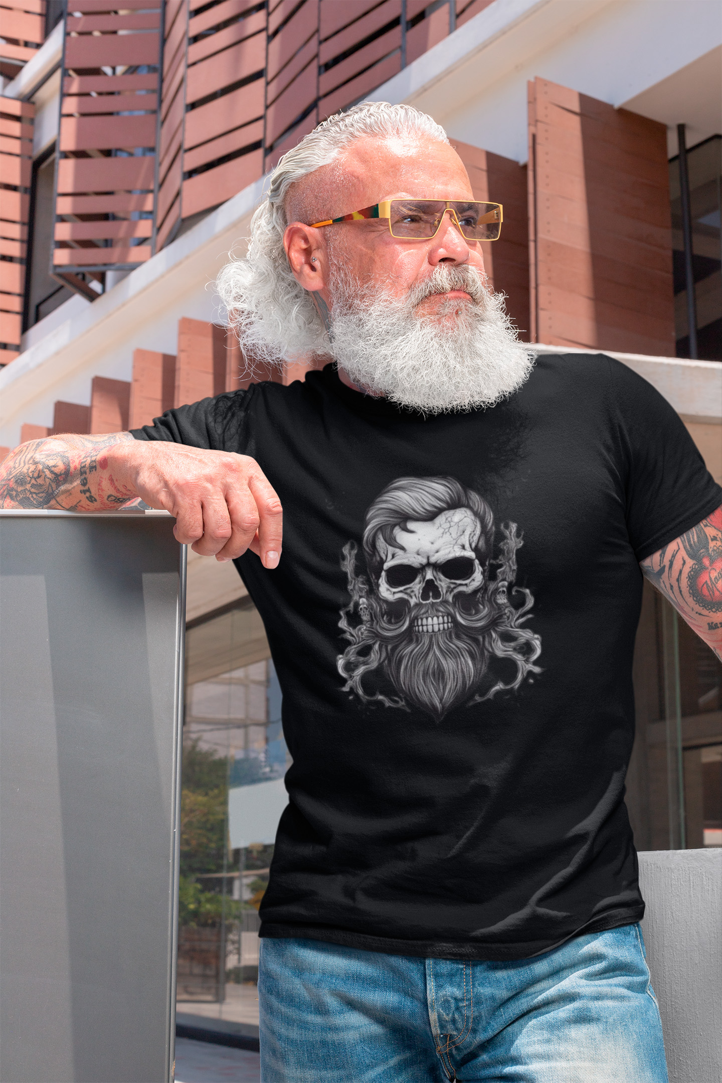 Forever-bearded-skull-with-moustache-and-beard-t-shirt-mockup-of-a-trendy-middle-aged-man-with-sunglasses
