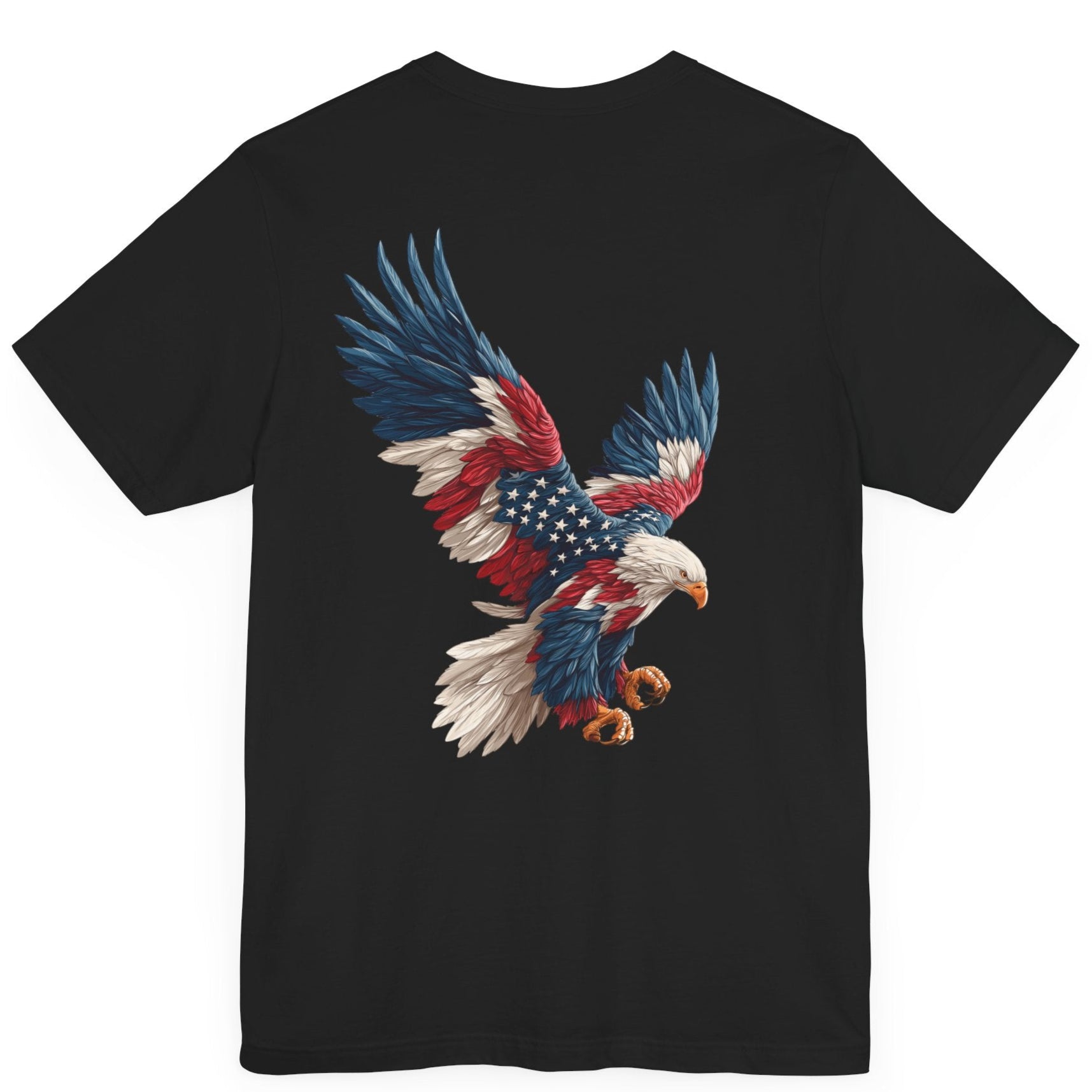 Bald eagle with American flag feathers on &quot;Eagle of Valor&quot; Patriotic Shirts, black color fabric, American Shirts design. rear view

