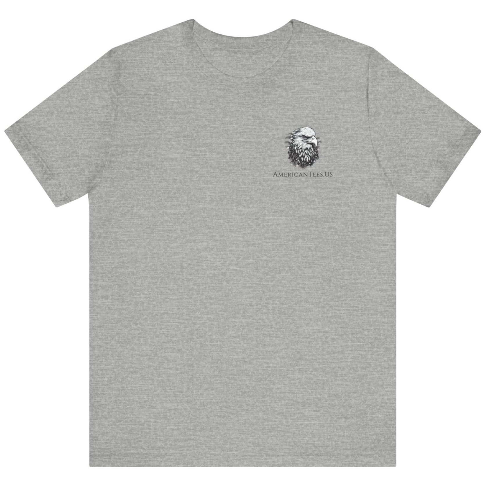 front view of an athletic heather colored fabric patriotic shirt with americantees.us logo on front and American flag in shape of a Christian cross with pledge of allegiance surrounding image on back