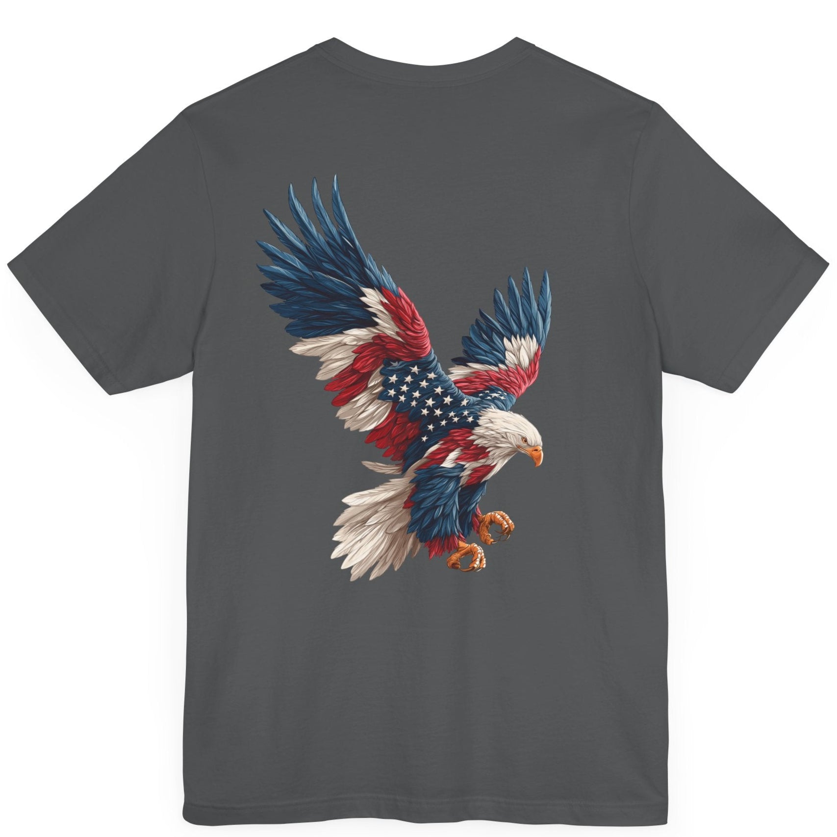 Bald eagle with American flag feathers on "Eagle of Valor" Patriotic Shirts, asphalt color fabric, American Shirts design. rear view

