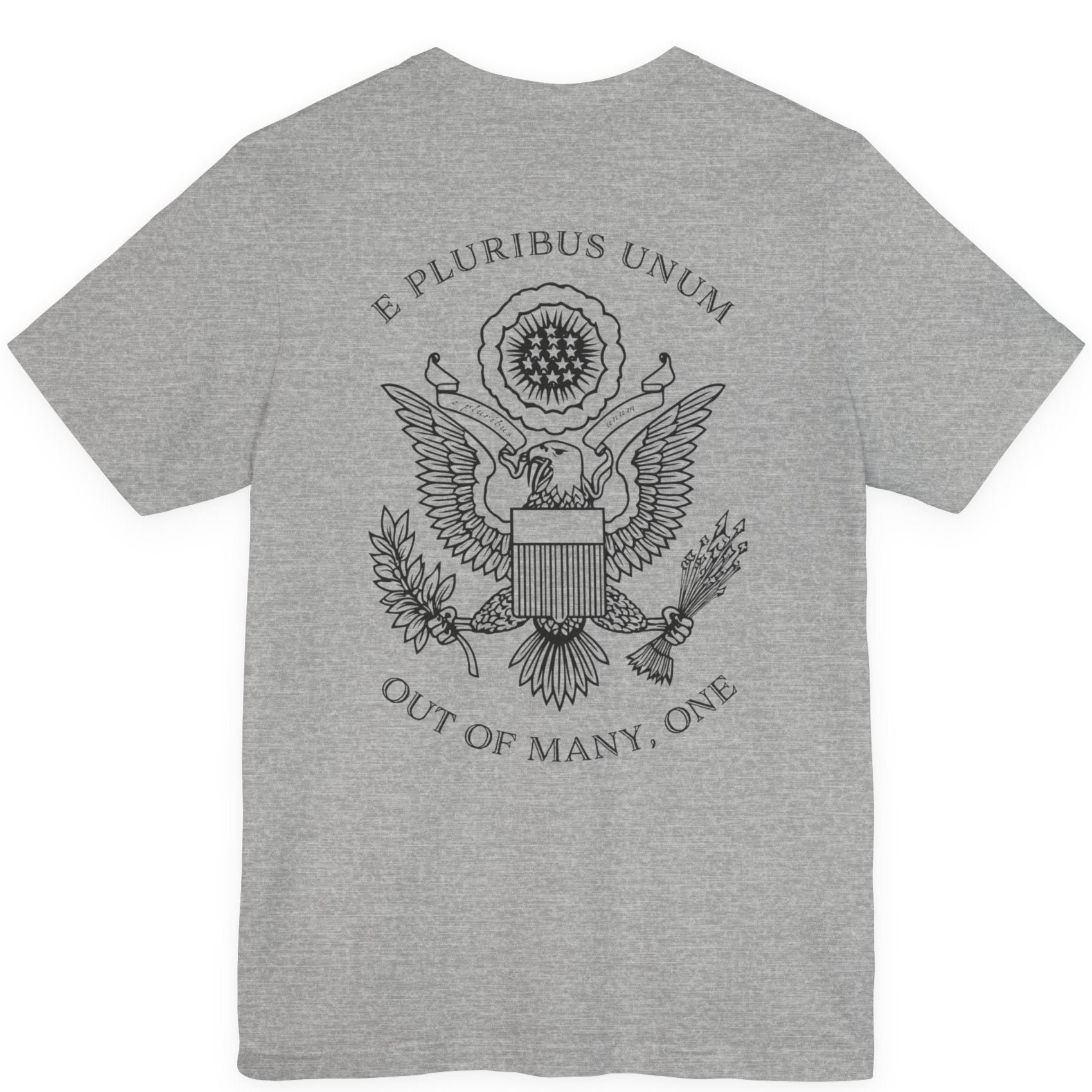 rear view of a athletic heather colored fabric patriotic shirt with an americantees.us logo on front and the great seal of the united states on the back 