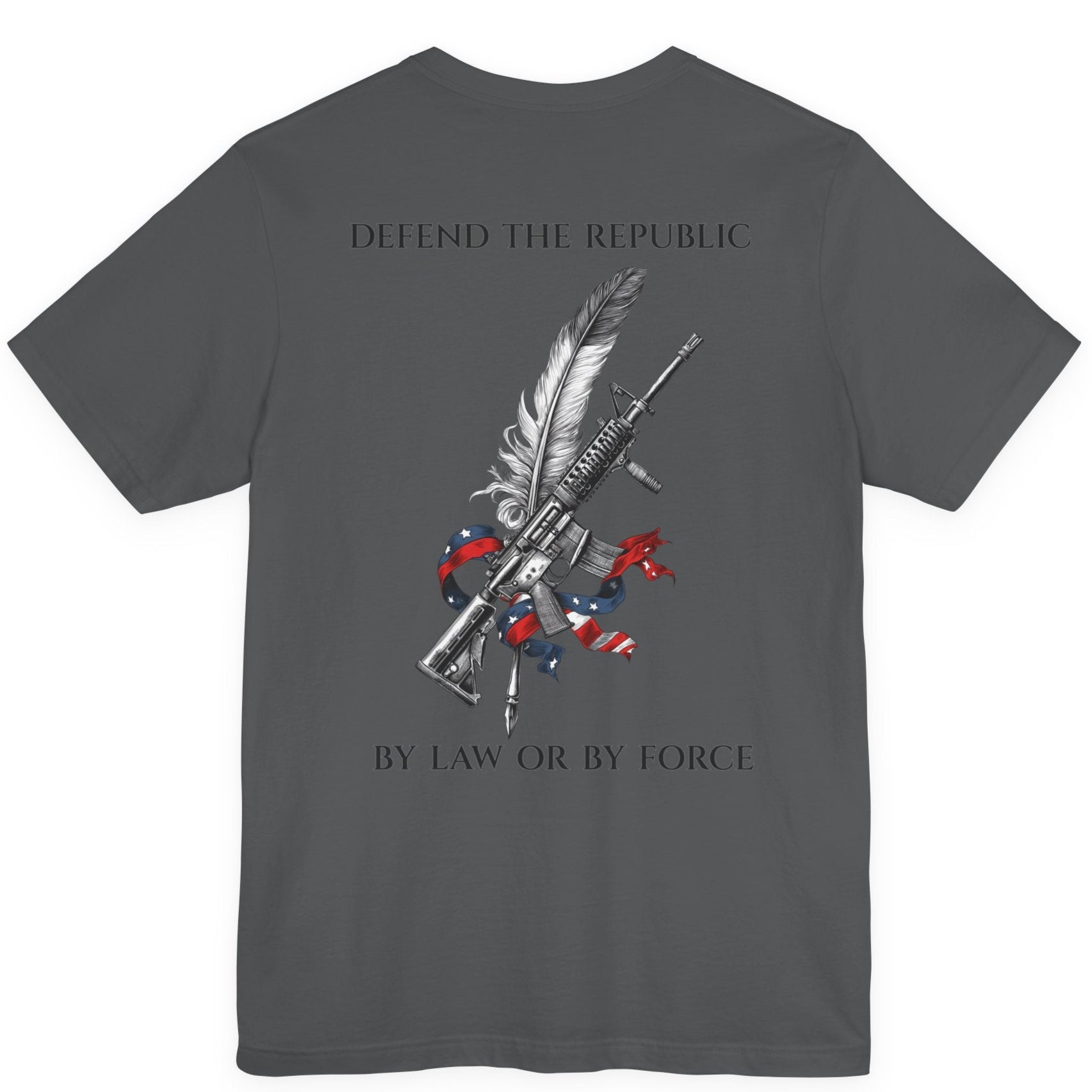 Back view of a white colored t-shirt with a graphic design of a rifle crossed with a quill fountain pen and an American flag ribbon, with the quote Defend the Republic by law or by force. Patriotic Shirts. logo design on front.
