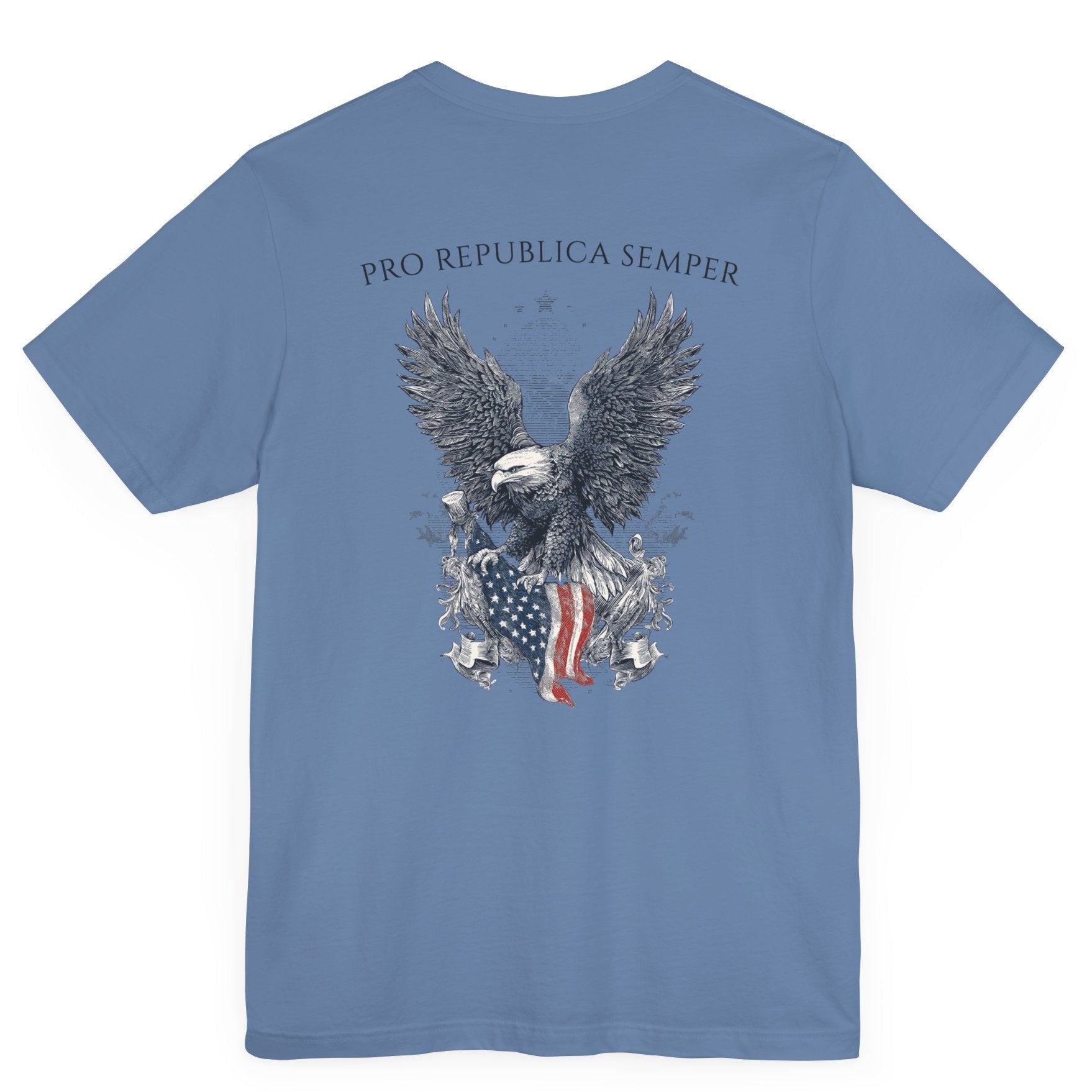 Patriotic Shirts Pro Libertas Semper Flag Eagle Tee, lavender blue, back side, featuring a bold eagle clutching an American flag with scrollwork on a unisex 100% cotton shirt, ideal for American pride
