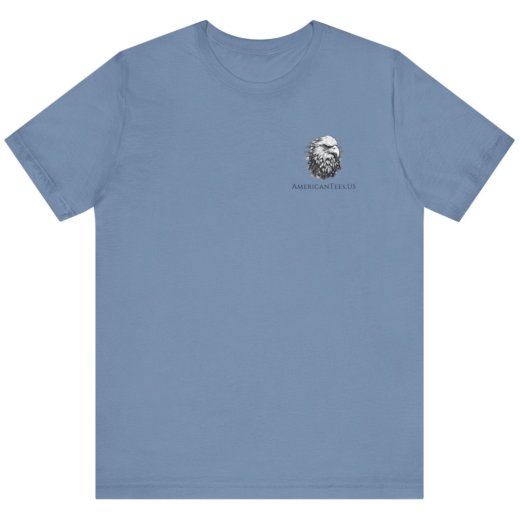 front view of a steel blue colored fabric patriotic shirt with an americantees.us logo on front and the great seal of the united states on the back 