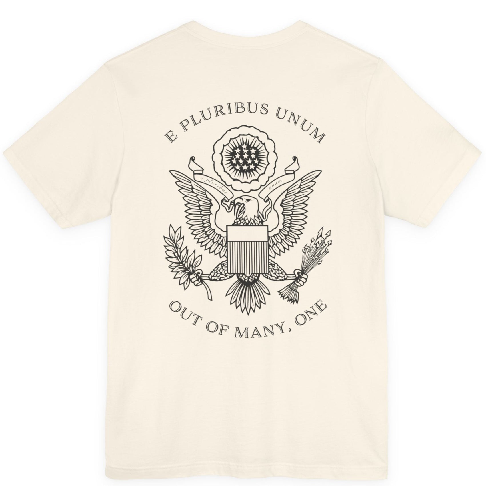 rear view of a natural colored fabric patriotic shirt with an americantees.us logo on front and the great seal of the united states on the back 